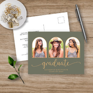 Carte Postale Faire-part Sage Green Gold Arch 3 Photo Graduation