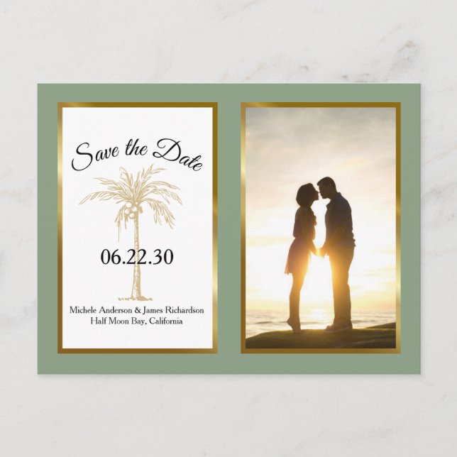 Carte Postale Faire-part Sage Green Gold Palm Wedding Enregistrer La Date P (Devant)