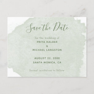 Carte Postale Faire-part Sage Vert Aquarelle Splash Enregistrer La Date