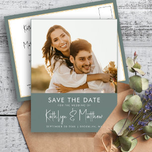 Carte Postale Faire-part Sage Vert Photo Moderne Mariage Minimaliste Enregi