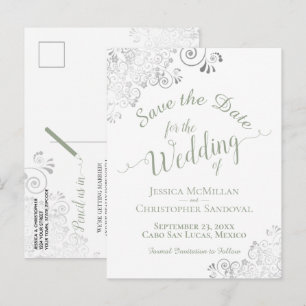 Carte Postale Faire-part Sage Vert sur Épargne Mariage Blanc à la Dentelle