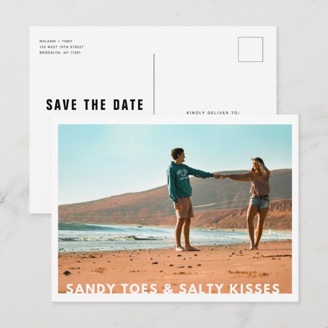 Carte Postale Faire-part Sandy Toes Salty Kisses Photo Plage Enregistrer la (Devant / Derrière)