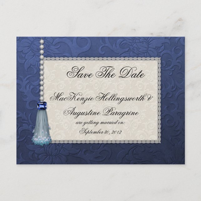 Carte Postale Faire-part Saphirs Diamants Tassel Bleu sur Damassé Enregistr (Devant)