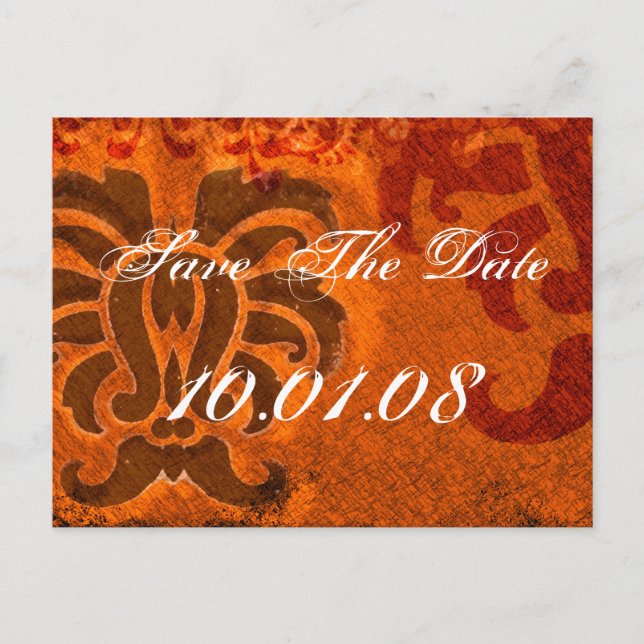 Carte Postale Faire-part Sauvegarder la date - Damas - Orange et Marron (Devant)