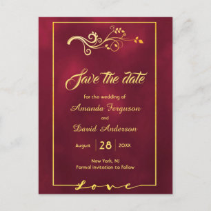 Carte Postale Faire-part Sauvegarder la date décoration mariage bordeaux or
