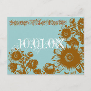 Carte Postale Faire-part Sauvegarder la date - Fleurs vintage bleues marron