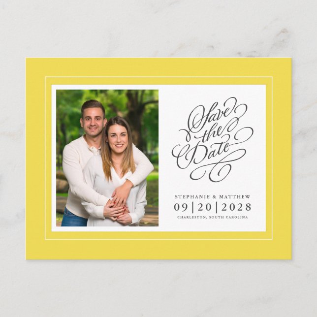 Carte Postale Faire-part Sauvegarder la date Photo Jaune Élégant Mariage (Devant)