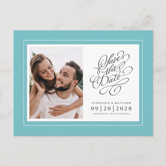 Carte Postale Faire-part Sauvegarder la date Photo Mariage Élégant Chic Aqu (Devant)