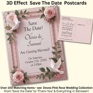 Carte Postale Faire-part Sauvegarder la date - Roses roses et colombes Mari