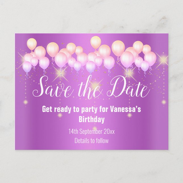 Carte Postale Faire-part Sauver la date ballons roses scintillants toutes o (Devant)