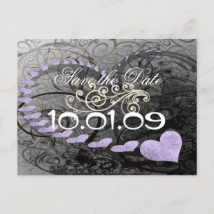 Carte Postale Faire-part Sauver la date cœurs violets et gris et spirale