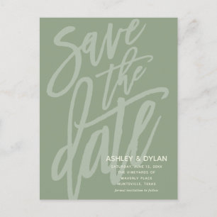 Carte Postale Faire-part Sauver la date Écriture Modern Brush Vert Sauge