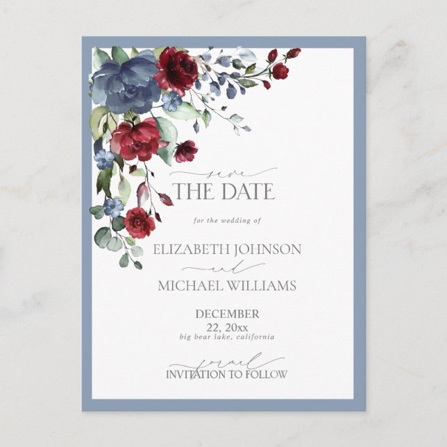 Carte Postale Faire-part Sauver la date mariage bleu poussiéreux burgundy é (Devant)