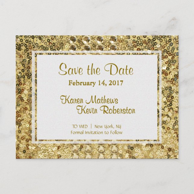 Carte Postale Faire-part Sauvez la Date | Paillettes Dorées (Devant)