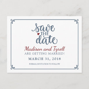 Carte Postale Faire-part "Save the Date" - Dusty Blue & Dark Red