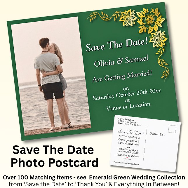 Carte Postale Faire-part Save The Date, Photo -Emerald Green & Gold (Créateur téléchargé)