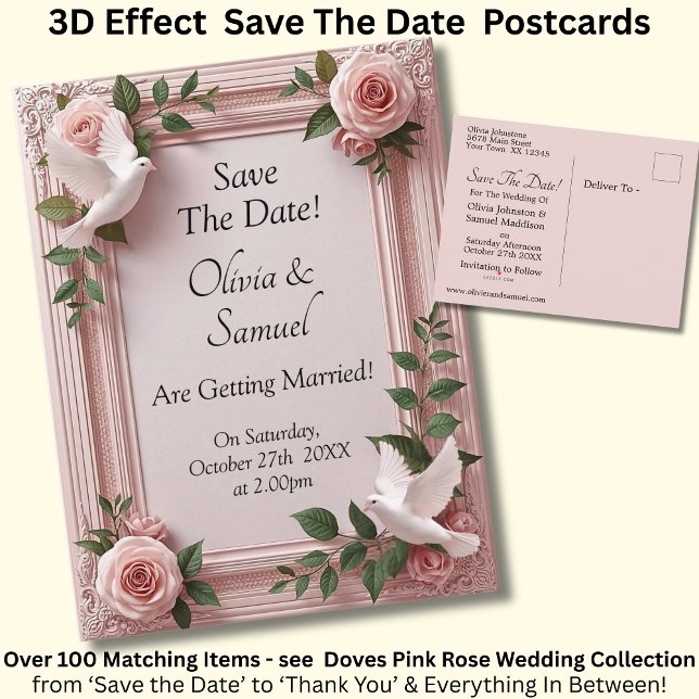 Carte Postale Faire-part Save The Date - Pink Roses & Doves Wedding (Créateur téléchargé)