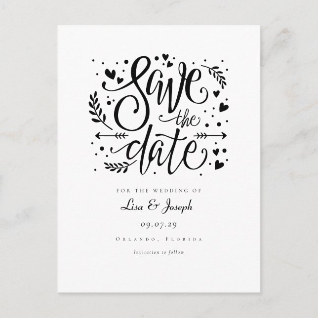 Carte Postale Faire-part Script Black and White Hearts Enregistrer la date (Devant)