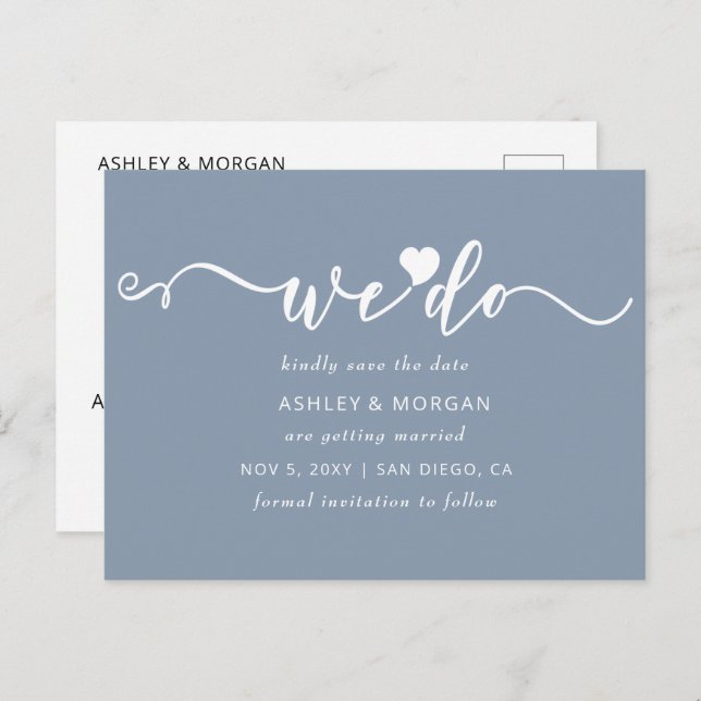 Carte Postale Faire-part Script Bleu Poussiéreux Coeur Nous Sauvons la Date (Devant / Derrière)