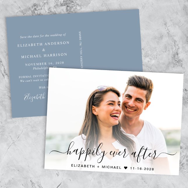 Carte Postale Faire-part Script Chic Photo Overlay Dusty Blue Enregistrer L (A chic dusty blue happily ever after photo save the date announcement)