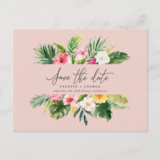 Carte Postale Faire-part Script de feuillage d'aquarelle tropicale enregist (Devant)