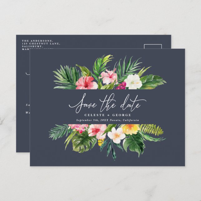 Carte Postale Faire-part Script de feuillage d'aquarelle tropicale enregist (Devant / Derrière)