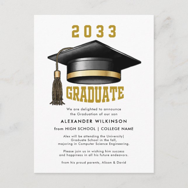 Carte Postale Faire-part Script Gold moderne Minimaliste GRAD Casquette Gra (Devant)