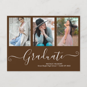 Carte Postale Faire-part Script Graduate 3 Photo Collage Graduation Brown