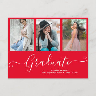 Carte Postale Faire-part Script Graduate 3 Photo Collage Red Graduation