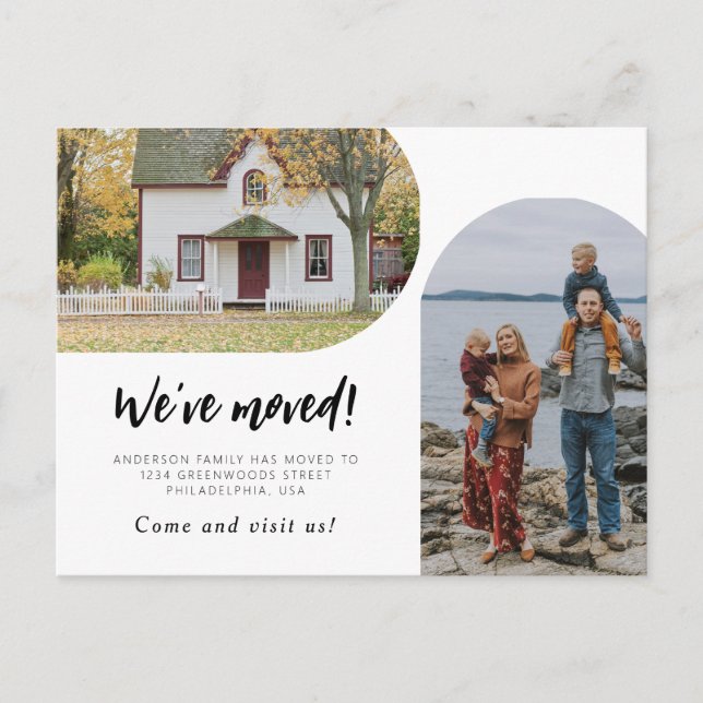 Carte Postale Faire-part Script moderne Deux Arc photo Nous avons bougé (Devant)