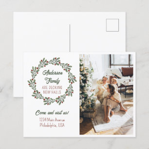 Carte Postale Faire-part Script moderne Noël Wreath Photo Moving