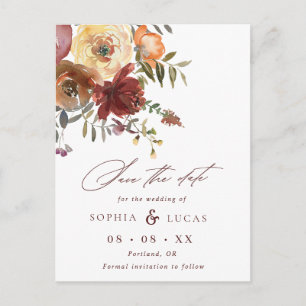Carte Postale Faire-part Script Rust Bourgogne Floral Mariage Enregistrer l