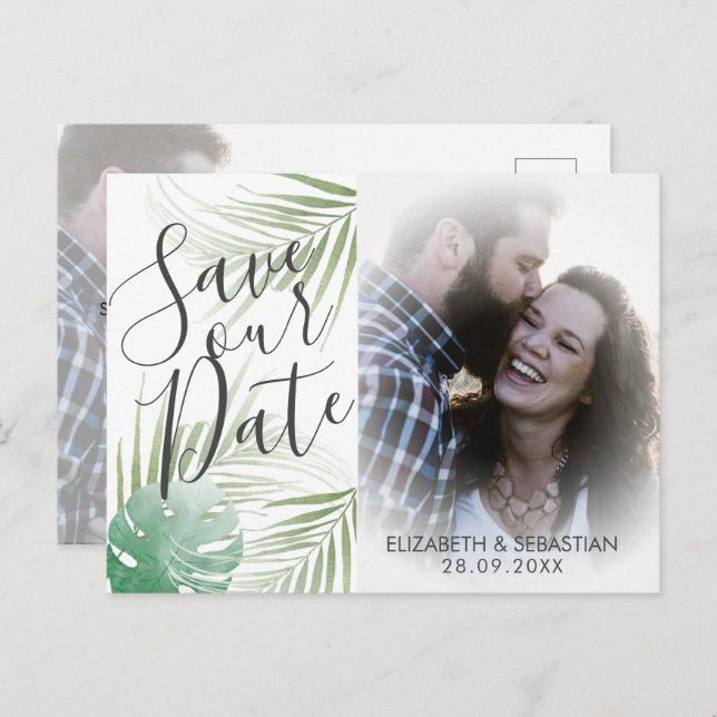 Carte Postale Faire-part Script tropical Mariage vert Enregistrer la date (Devant / Derrière)