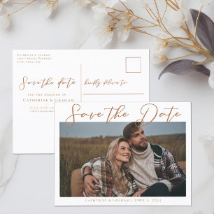 Carte Postale Faire-part Sienna Brown Script Couple Photo Chaud Automne