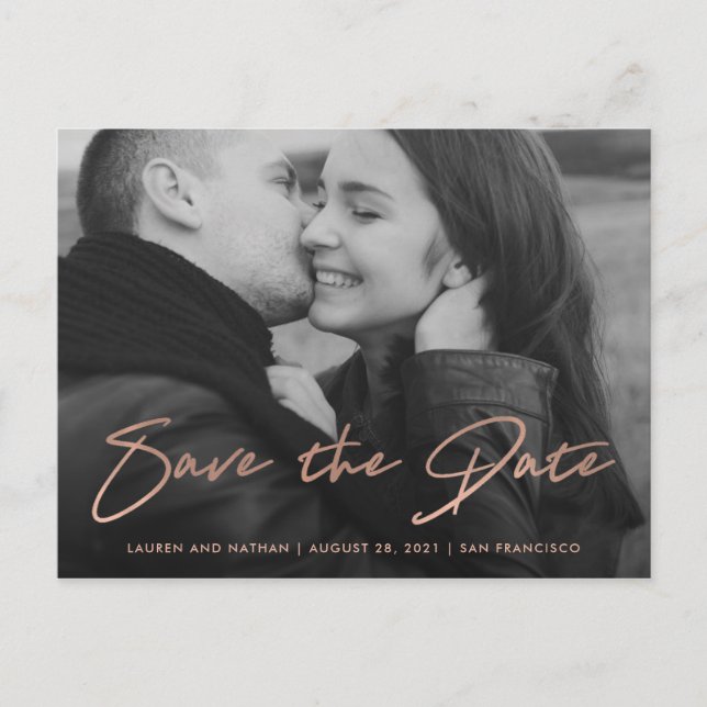 Carte Postale Faire-part Signature | Faux rose gold photo save the date (Devant)