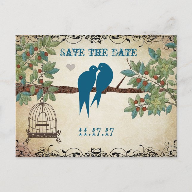 Carte Postale Faire-part Silhouette Inséparables Bird Cage Tree Enregistrer (Devant)