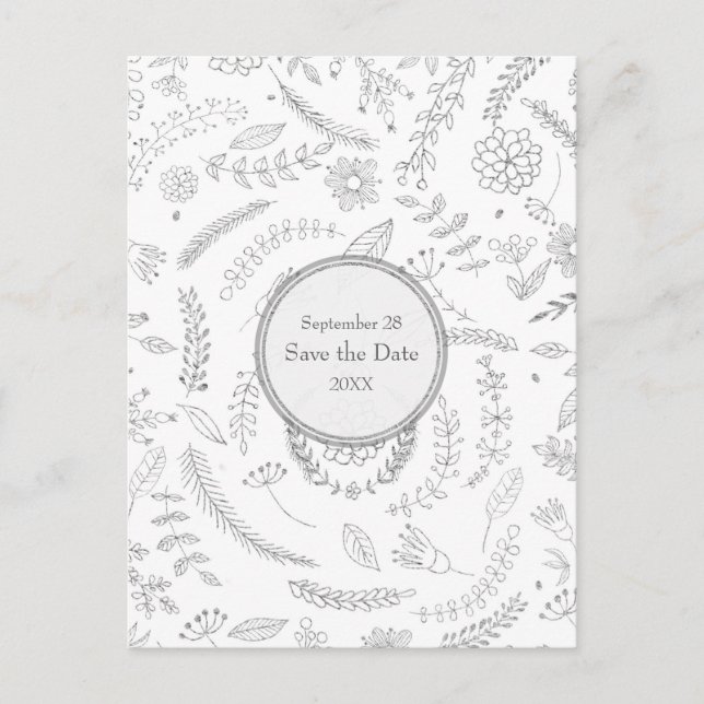Carte Postale Faire-part Silver Floral Feuille Mariage rustique Enregistrer (Devant)