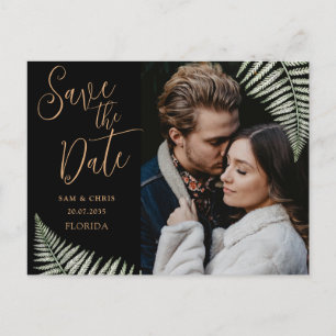 Carte Postale Faire-part Simple Black & Gold Photo Fern Enregistrer la date