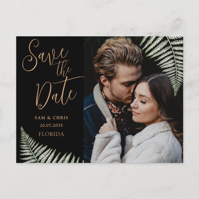 Carte Postale Faire-part Simple Black & Gold Photo Fern Enregistrer la date (Devant)