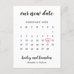 Carte Postale Faire-part Simple Calendrier Cœur Rouge Mariage Changer la Da