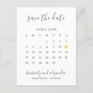 Carte Postale Faire-part Simple Calendrier Pastel Jaune Coeur Save the Date