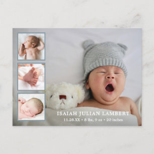 Carte Postale Faire-part Simple Dusty Blue Boy Photo Collage Naissance mode