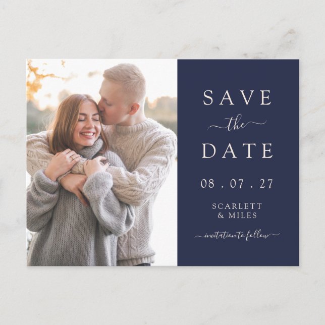 Carte Postale Faire-part Simple Économiseur de Date de Mariage Photo Bleu M (Devant)