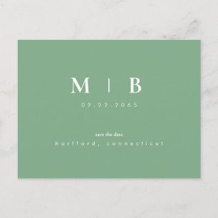 Carte Postale Faire-part Simple & Élégant Monogramme Vert Enregistrer la Da