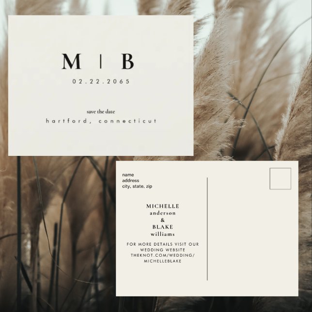 Carte Postale Faire-part Simple et élégant monogramme beige Save the Date m (Créateur téléchargé)