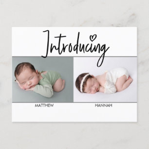 Carte Postale Faire-part Simple introduction Script Twins garçon et fille n