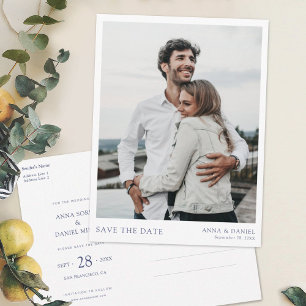 Carte Postale Faire-part Simple Modern Blue Text Photo Enregistrer la date