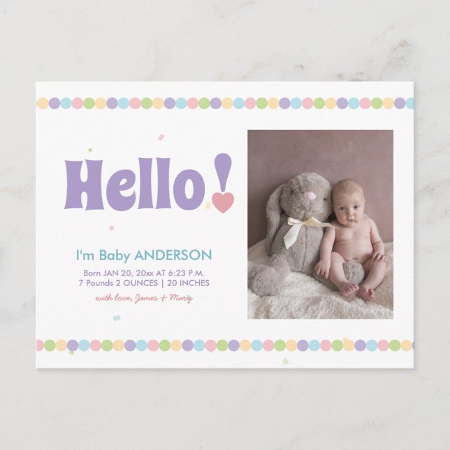 Carte Postale Faire-part Simple Moderne Élégant Mignon Bonjour Bébé Photo N (Devant)
