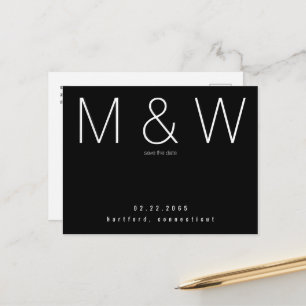 Carte Postale Faire-part Simple Monogramme Minimaliste B/N Save the Date