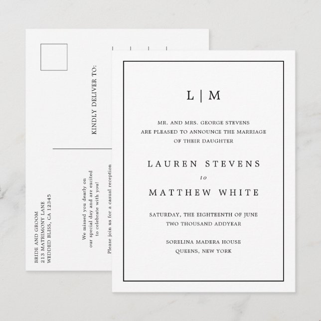 Carte Postale Faire-part Simple Monogramme Noir et Blanc Élégant de Mariage (Devant / Derrière)